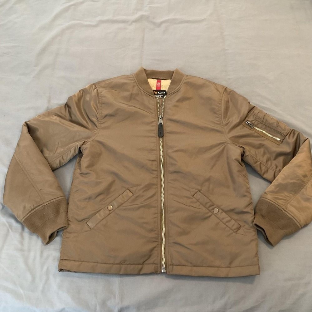 Alpha Industries Jacket Mens Medium Brown Bomber Faux Fur Lined Full Zip Nylon